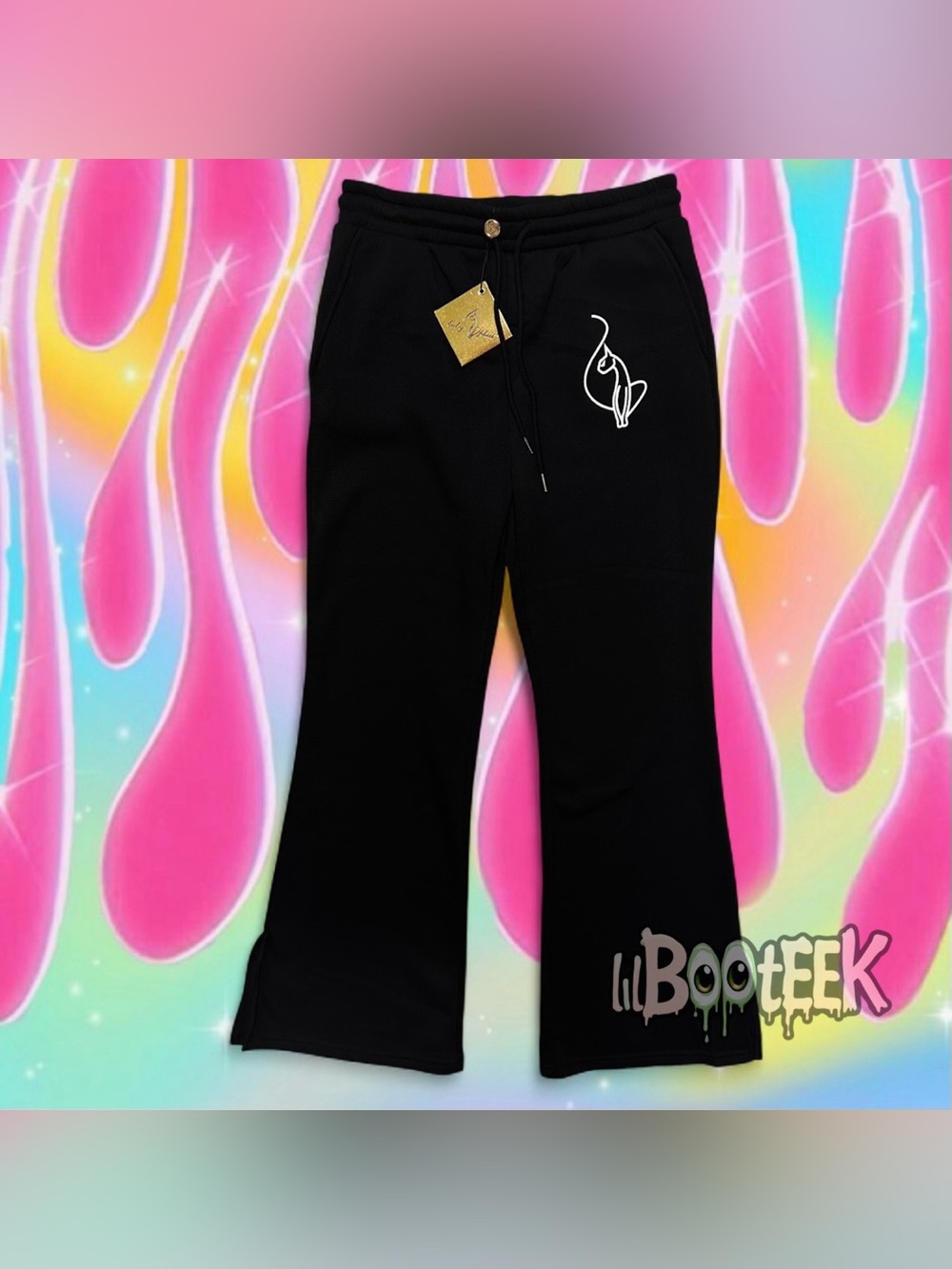 Baby Phat LG Black Fleece Flare Leg Sweatpants w White Back & Leg Logos NEW Y2K